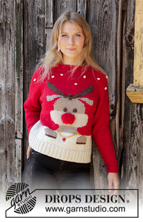 Red Nose Jumper / DROPS 194-38 - Knitted sweater in DROPS Nepal. The piece is worked top down with raglan and reindeer motif. Sizes S - XXXL. Theme: Christmas.