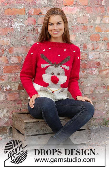 Red Nose Jumper / DROPS 194-38 - Knitted sweater in DROPS Nepal. The piece is worked top down with raglan and reindeer motif. Sizes S - XXXL. Theme: Christmas.