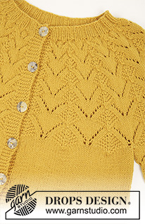 Golden Fairy Cardigan / DROPS 195-23 - Gilet tricoté en DROPS Cotton Merino ou DROPS Lima, avec empiècement arrondi et point ajouré. Du S au XXXL.