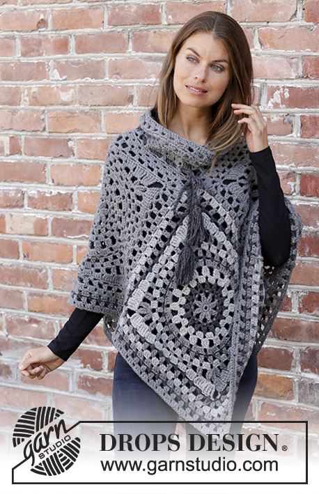 Serena / DROPS 195-35 - Crocheted poncho in DROPS Nepal. The piece is worked with crochet squares, lace pattern and stripes. Sizes S - XXXL.