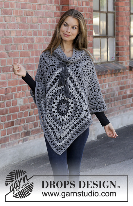 Serena / DROPS 195-35 - Crocheted poncho in DROPS Nepal. The piece is worked with crochet squares, lace pattern and stripes. Sizes S - XXXL.
