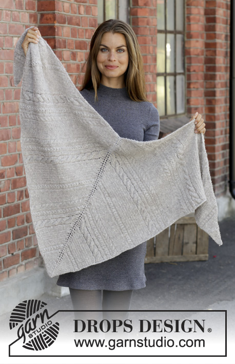 Shade of Winter / DROPS 195-36 - Knitted shawl with cables, lace pattern and garter stitch in DROPS Sky.