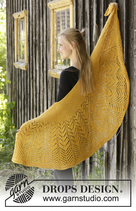 Calendula / DROPS 195-4 - Knitted shawl with lace pattern and garter stitch in DROPS Nord.