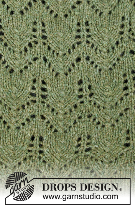 Miss Moss / DROPS 196-1 - Raglánový pulovr pletený ažurovým a perličkovým vzorem shora dolů z dvojité příze DROPS Air. Velikost S - XXXL.