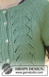Green Luck Cardi / DROPS 196-12 - Neulottu vartalonmyötäinen jakku DROPS Flora-langasta. Työssä on pitsineuletta, raglanlinjat ja lyhyet hihat. Koot S-XXXL.