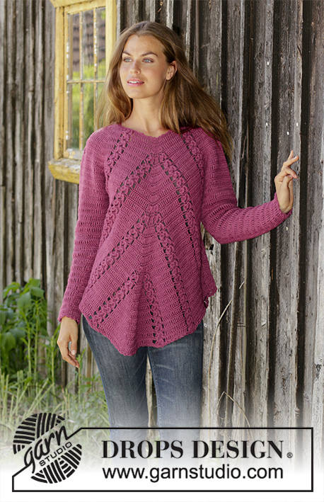 Flora Viola / DROPS 196-20 - Crocheted jumper with raglan in DROPS Puna. Piece is crocheted top down in an angle with fans, lace pattern and A-shape. Size: S - XXXL