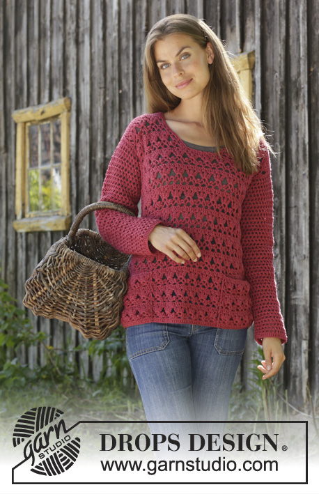 Last Harvest / DROPS 196-24 - Crocheted jumper in DROPS Merino Extra Fine. The piece is worked with lace pattern, fans and pockets. Sizes S - XXXL