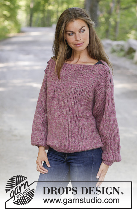 Raspberry Flirt / DROPS 196-34 - Knitted jumper in 2 strands DROPS Brushed Alpaca Silk. The piece is worked in stocking stitch and rib with boat neck. Sizes S - XXXL.