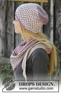 Purple Way / DROPS 197-29 - Knitted hat in DROPS Alpaca with mosaic pattern and garter stitch. 
Knitted shawl in DROPS Alpaca with mosaic pattern, garter stitch and stripes.