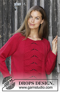 Red Tulip / DROPS 197-9 - Knitted jumper with raglan in DROPS Merino Extra Fine. Piece is knitted top down with rib displacement. Size: S - XXXL