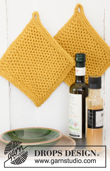 Sunny & Warm / DROPS 198-41 - Knitted pot holders in 2 strands DROPS Paris. Piece is knitted with waffle pattern.