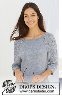 Blue Nostalgia / DROPS 199-3 - Knitted sweater with raglan in DROPS Sky. The piece is worked top down with lace pattern on sleeves. Sizes S – XXXL.