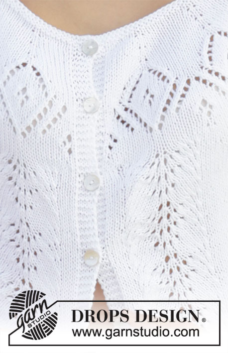 Spring Melt / DROPS 199-41 - Casaco tricotado de cima para baixo, com encaixe arredondado, mangas curtas e ponto rendado, em DROPS Safran. Do S ao XXXL.