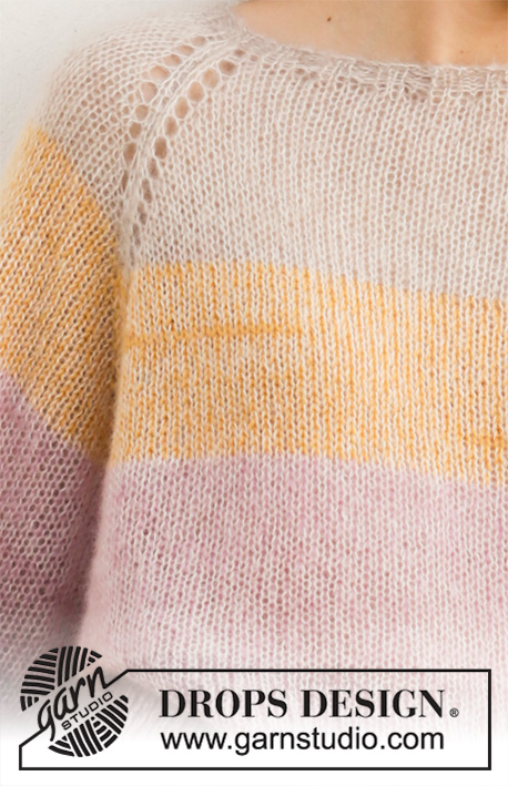 Bring Spring / DROPS 200-10 - Strikket genser i 2 tråder DROPS Kid-Silk. Arbeidet strikkes ovenfra og ned med raglan, bollongermer og striper. Størrelse S - XXXL.