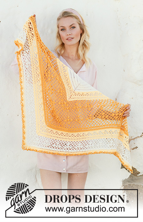 Slice of Summer / DROPS 200-21 - Crocheted shawl in DROPS Safran. Piece is crocheted top down with bobbles, lace pattern and stripes.