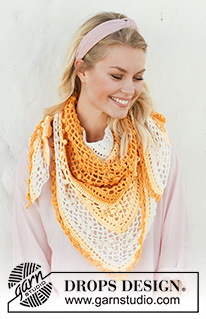 Slice of Summer / DROPS 200-21 - Crocheted shawl in DROPS Safran. Piece is crocheted top down with bobbles, lace pattern and stripes.
