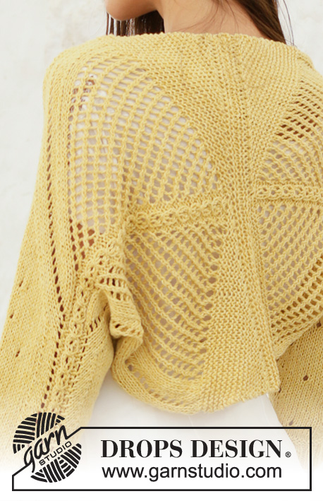Alas de Libelula / DROPS 200-25 - Bolero tricotado em DROPS Belle, a partir das mangas até meio das costas, em ponto rendado. Do S ao XXXL.