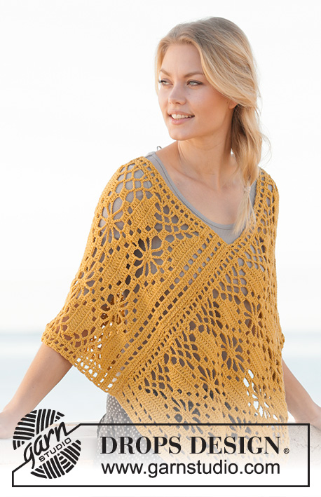 Butterfly Migration / DROPS 200-33 - Crocheted poncho in DROPS Cotton Light. The piece is worked with lace pattern. Sizes S - XXXL.