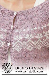 Rosewood Jacket / DROPS 201-3 - Knitted jacket in DROPS Sky. The piece is worked top down with round yoke, Nordic pattern, A-shape and ¾-length sleeves. Sizes S - XXXL.