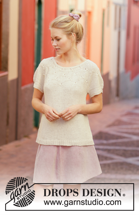 Dandelion Dreams / DROPS 201-37 - Knitted top with round yoke in DROPS Belle. Piece is knitted top down with fan pattern. Size: S - XXXL