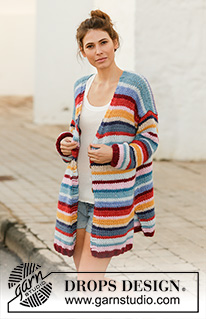 Color Clash / DROPS 202-2 - Knitted jacket with stripes in 2 strands DROPS Air. Piece is knitted bottom up with V-neck and vents in the sides. Size: S - XXXL