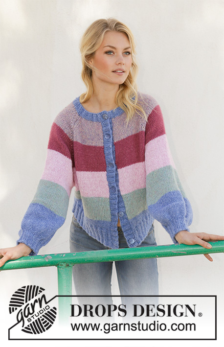 Sweet Country Sunrise Jacket / DROPS 202-21 - Knitted jacket with stripes, balloon sleeves and raglan. Piece is worked in DROPS Air, top down. Size: S - XXXL