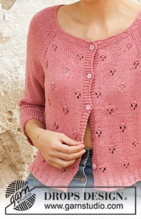Raspberry Kiss / DROPS 202-6 - Knitted jacket with raglan in DROPS Belle. Piece is knitted top down with lace pattern. Size: S - XXXL