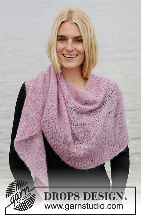 Cheers to Spring / DROPS 203-20 - Knitted shawl in DROPS Kid-Silk. Piece is knitted top down with garter stitch, eyelet rows and English rib.
