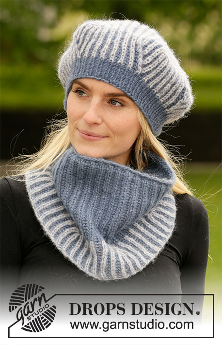 Line upon Line / DROPS 204-38 - Knitted beret and neck warmer in DROPS Air with unicolored and two colored English rib.