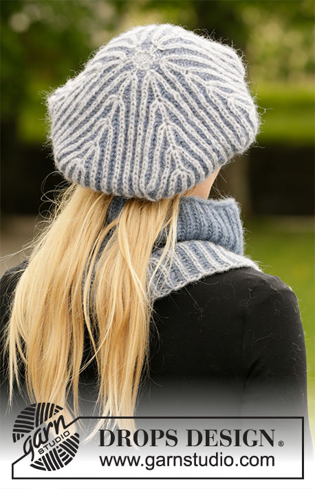 Line upon Line / DROPS 204-38 - Knitted beret and neck warmer in DROPS Air with unicolored and two colored English rib.