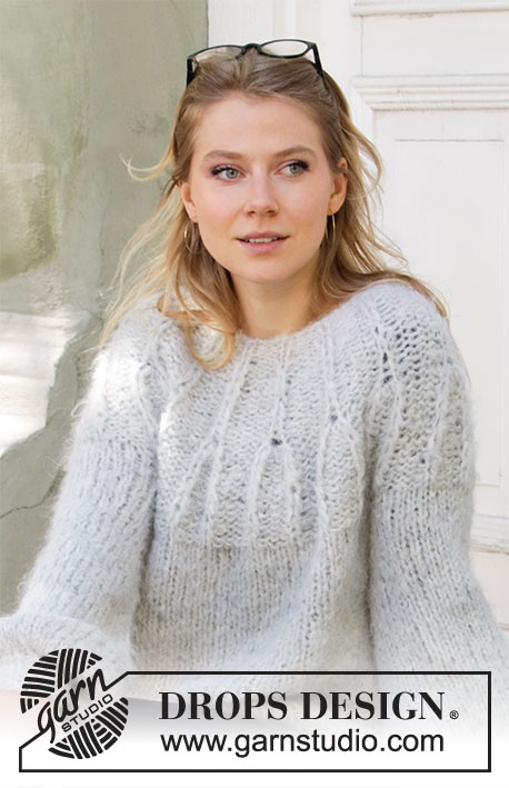 Weekend Vibe / DROPS 205-39 - Knitted sweater in 2 strands DROPS Melody. The piece is worked top down with round yoke, English rib stitches on the yoke and balloon sleeves. Sizes S - XXXL.