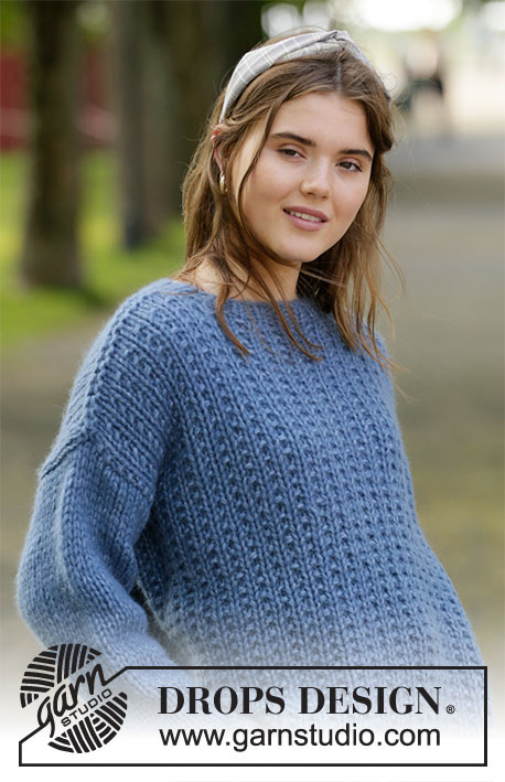 Blue Jeans / DROPS 205-42 - Knitted sweater in 2 strands DROPS Air. Piece is knitted with textured pattern. Size: S - XXXL