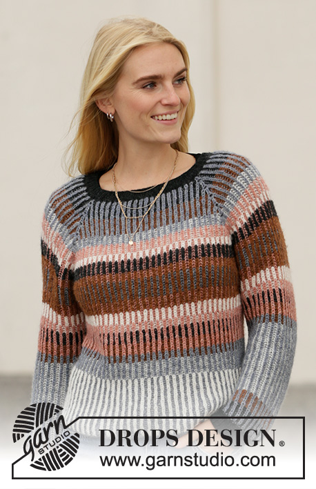 Lake Autumn / DROPS 206-2 - Knitted jumper with raglan in DROPS Sky. Piece is knitted top down with English rib and stripes in 2 colours. Size: S - XXXL