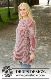 Spring Fever / DROPS 206-28 - Knitted long jumper in DROPS Air. The piece is worked top down with raglan, 2-coloured English rib and cables. Sizes S – XXXL.