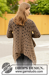 Chocolate Waterfall / DROPS 206-46 - Crocheted long square jacket in DROPS Air. Piece is crocheted with lace pattern and fans. Size: S - XXXL
