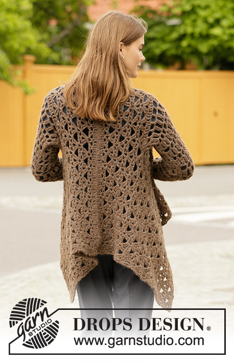 Chocolate Waterfall / DROPS 206-46 - Crocheted long square jacket in DROPS Air. Piece is crocheted with lace pattern and fans. Size: S - XXXL