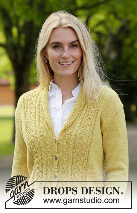 Marigold Sunshine / DROPS 207-4 - Knitted jacket in DROPS BabyMerino. The piece is worked with cables, lace pattern and shawl collar. Sizes S - XXXL.