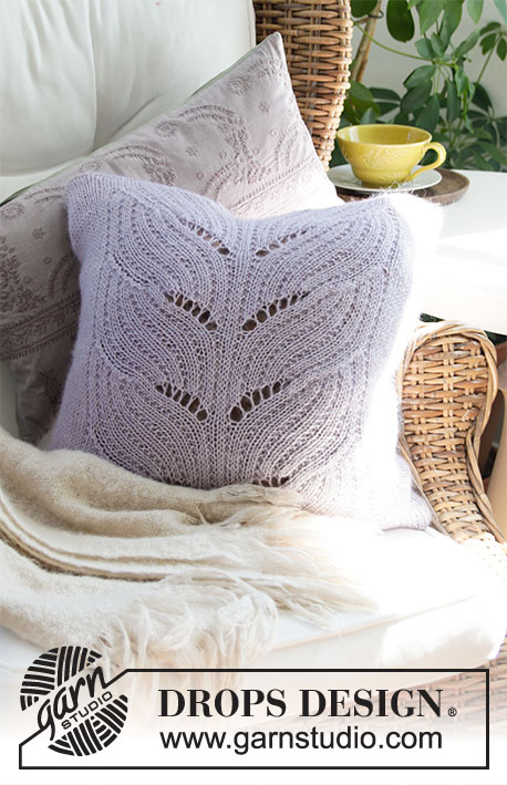 Lilac Leaves / DROPS 207-53 - Knitted cushion cover with lace pattern in DROPS Alpaca and DROPS Kid-Silk.