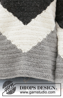 Black Thunder / DROPS 207-8 - Sweter na szydełku wykonany słupkami, w paski, z włóczki DROPS Air. Od S do XXXL.