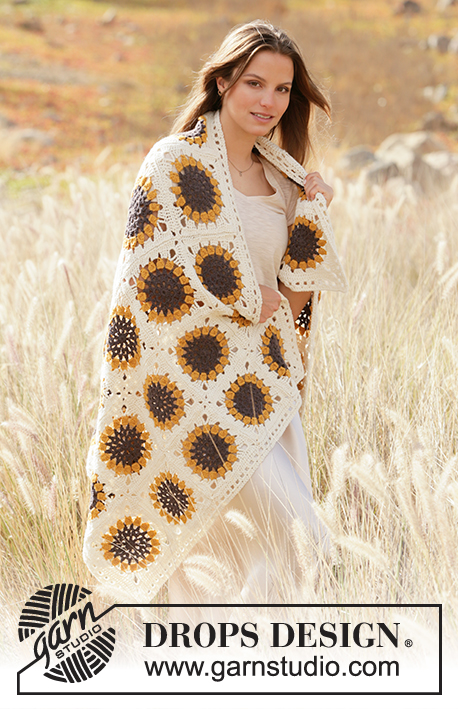 Golden Garden / DROPS 209-3 - Crochet blanket in squares with sunflower in DROPS Lima.
