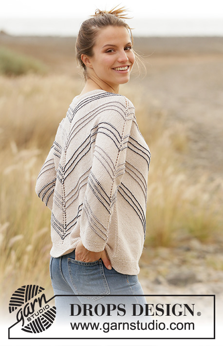 Spring Lineup / DROPS 210-14 - Knitted sweater in DROPS Belle. Piece is knitted top down at an angle with stripes. Size: S - XXXL