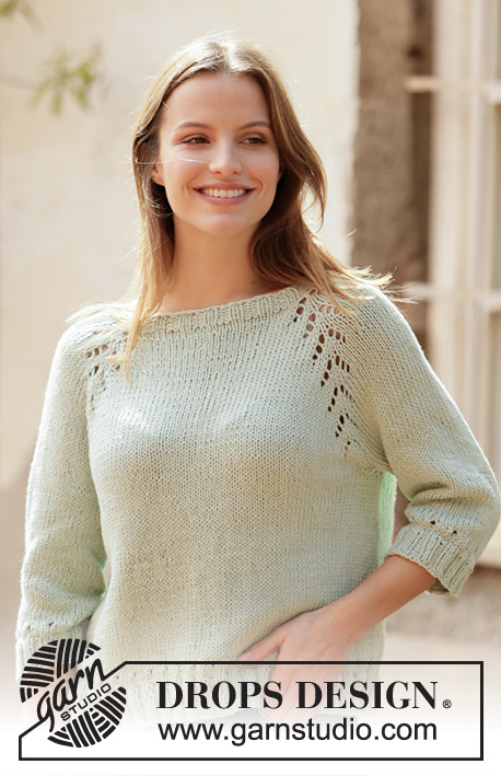Mint Tea Sweater / DROPS 210-19 - Strikket bluse med raglan i DROPS Paris. Arbejdet strikkes oppefra og ned med hulmønster. Størrelse XS - XXL.