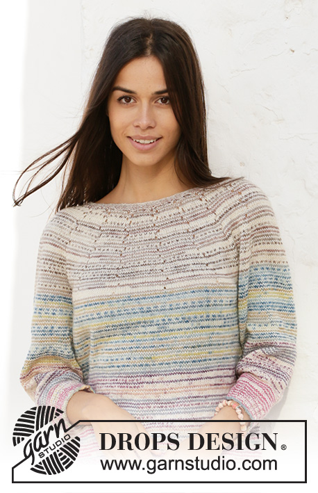 Watercolour Sky / DROPS 210-22 - Knitted sweater with round yoke in DROPS Fabel. The piece is worked top down with stripes and ¾-length sleeves. Sizes S - XXXL.