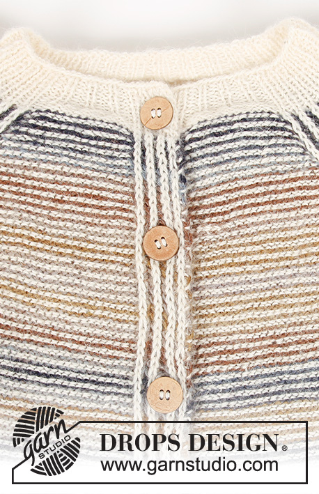 Sand Tickles Jacket / DROPS 210-24 - Knitted jacket with raglan in DROPS Delight and DROPS Alpaca. The piece is worked top down with stripes and English rib. Sizes S - XXXL.