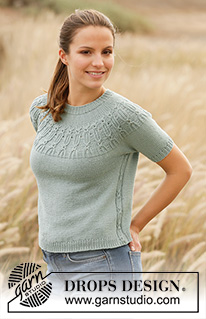 Wild Mint / DROPS 210-32 - Knitted jumper with short sleeves in DROPS Merino Extra Fine. Piece is knitted top down with textured pattern on yoke and in the sides. Size: S - XXXL