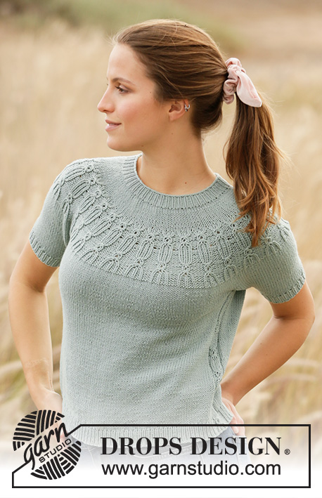 Wild Mint / DROPS 210-32 - Knitted sweater with short sleeves in DROPS Merino Extra Fine. Piece is knitted top down with textured pattern on yoke and in the sides. Size: S - XXXL