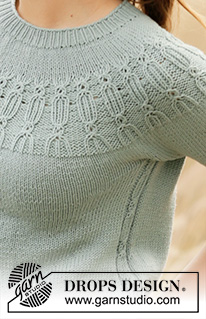 Wild Mint / DROPS 210-32 - Knitted jumper with short sleeves in DROPS Merino Extra Fine. Piece is knitted top down with textured pattern on yoke and in the sides. Size: S - XXXL