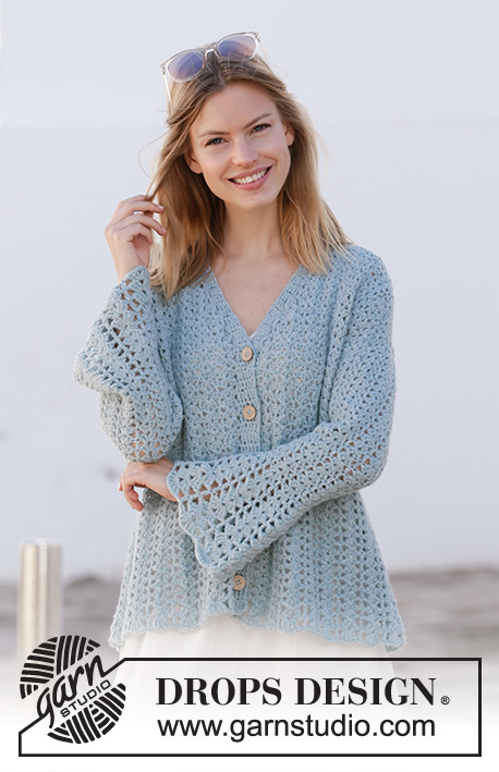 Mermaid Magic Jacket / DROPS 210-8 - Crocheted jacket in DROPS Sky. Piece is crocheted top down with A-shape, fan pattern and wing sleeves. Size XS/S - XXXL.