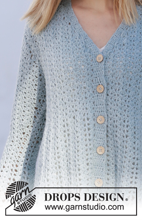 Mermaid Magic Jacket / DROPS 210-8 - Crocheted jacket in DROPS Sky. Piece is crocheted top down with A-shape, fan pattern and wing sleeves. Size XS/S - XXXL.