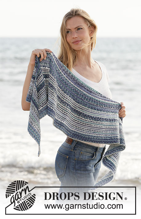 Seascape Wrap / DROPS 211-22 - Knitted shawl in DROPS Fabel. Piece is knitted back and forth in garter stitch and eyelet rows.